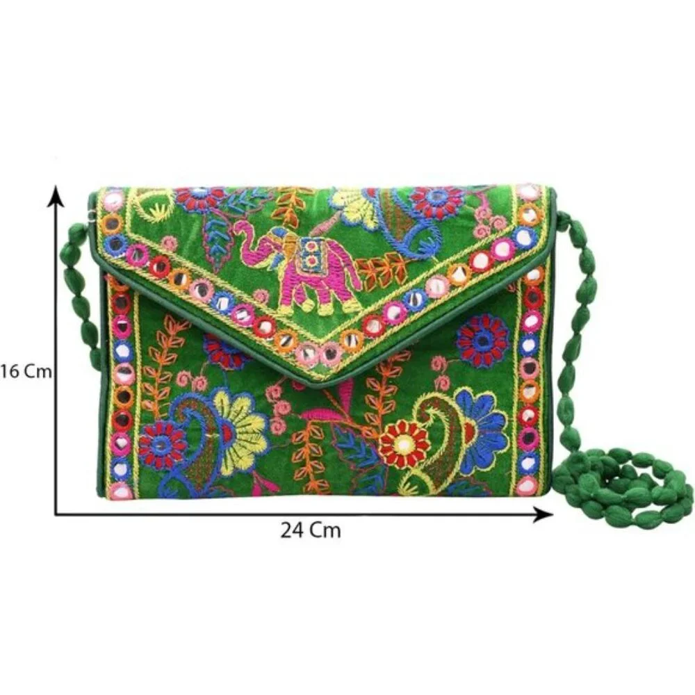 Rajasthani Embroidered Clutch Bag for Women Mini Crossbody Green Wedding Purse - Picture 4 of 6
